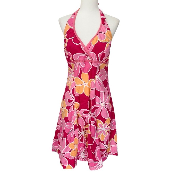Vintage Y2K Halter Dress Womens Small Medium Pink Orange Hawaiian Floral Cotton - Picture 1 of 11
